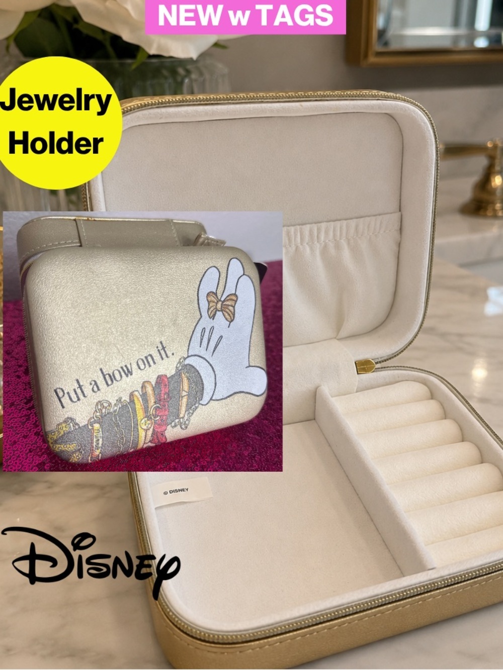 NEW w TAGS 🏷️ Gold Jewelry Case ft. Minnie Mouse hand, “Put a Bow on It” graphic